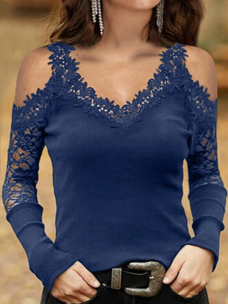 Women's T-Shirts Lace Sling V-Neck Mesh Off-Shoulder Long Sleeve T-Shirts