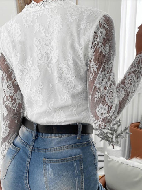 Women's T-Shirts Lace Stitching Mesh V-Neck Long Sleeve T-Shirt