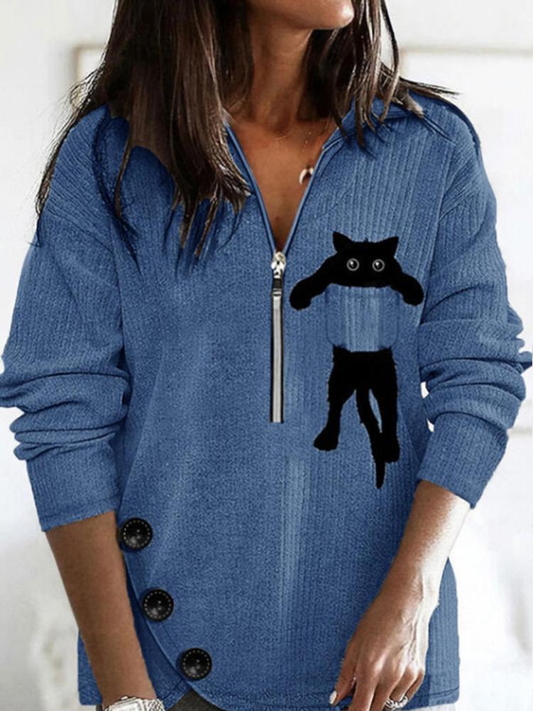 Women's T-Shirts Lapel Cat Zip Long Sleeve Knit T-Shirts