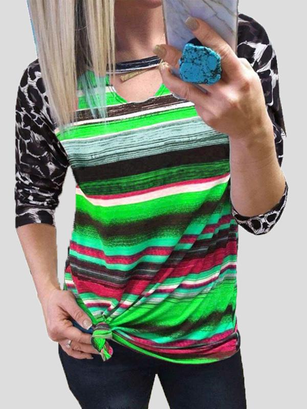 Women's T-Shirts Leopard Multicolor Stripes Colorblock Long Sleeve T-Shirt