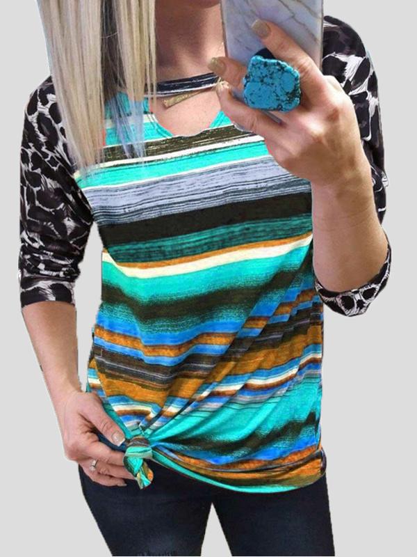 Women's T-Shirts Leopard Multicolor Stripes Colorblock Long Sleeve T-Shirt