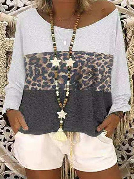 Women's T-Shirts Leopard Print Round Neck Long Sleeve T-Shirt