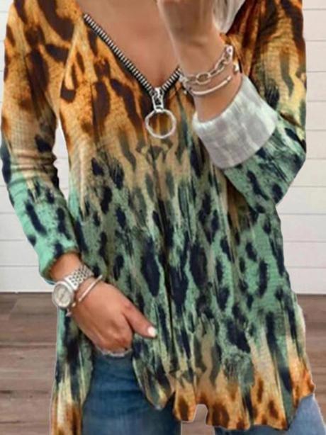 Women's T-Shirts Leopard Print V-Neck Zipper Long Sleeve T-Shirt