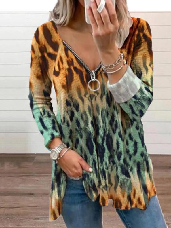 Women's T-Shirts Leopard Print V-Neck Zipper Long Sleeve T-Shirt