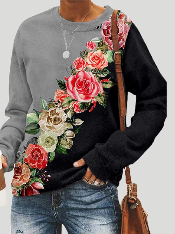 Women's T-Shirts Long Sleeve Round Neck Floral Print T-Shirts