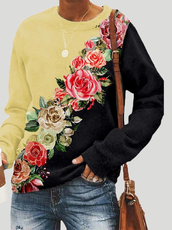 Women's T-Shirts Long Sleeve Round Neck Floral Print T-Shirts