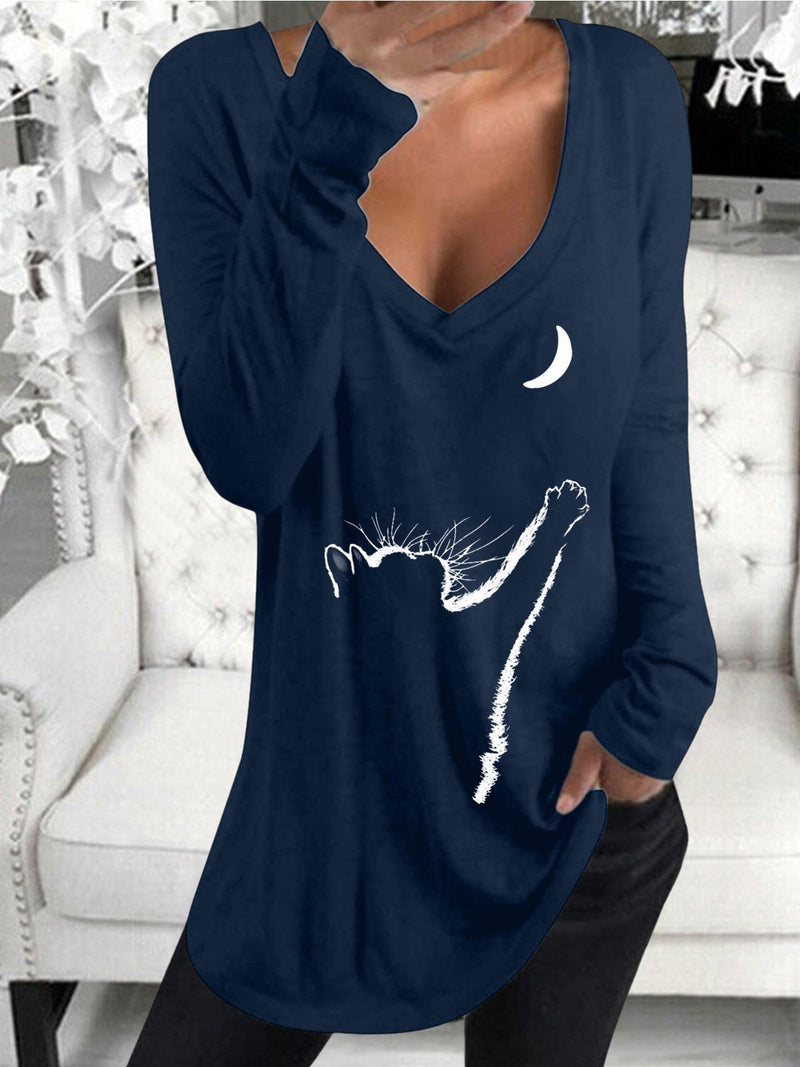 Women's T-Shirts Long Sleeve V-Neck Cat Print Casual T-Shirt