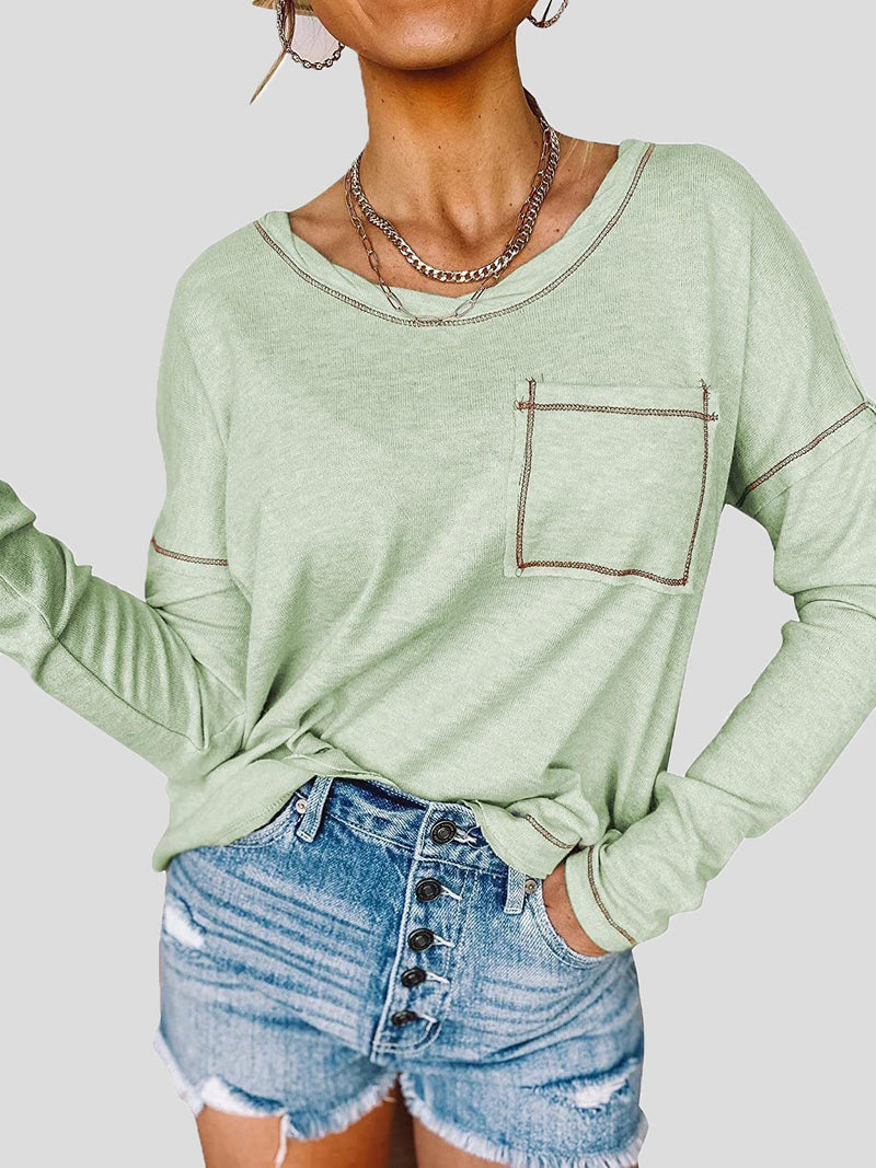 Women's T-Shirts Loose Round Neck Pocket Long Sleeve T-Shirt