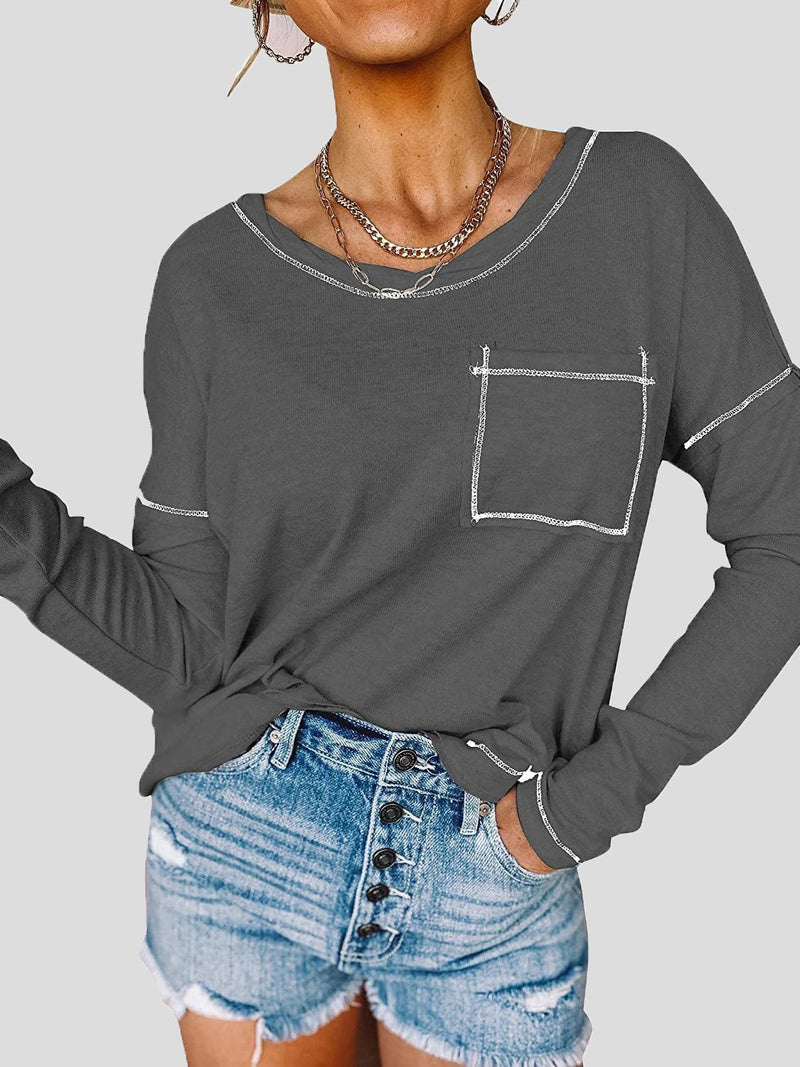 Women's T-Shirts Loose Round Neck Pocket Long Sleeve T-Shirt