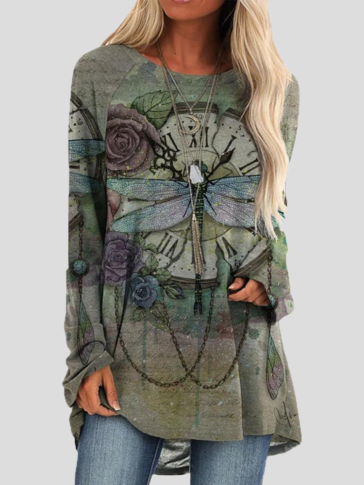 Women's T-Shirts Loose Round Neck Retro Dragonfly Print Long Sleeve T-Shirts