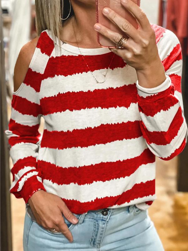 Women's T-Shirts Loose Round Neck Striped Long Sleeve T-Shirt