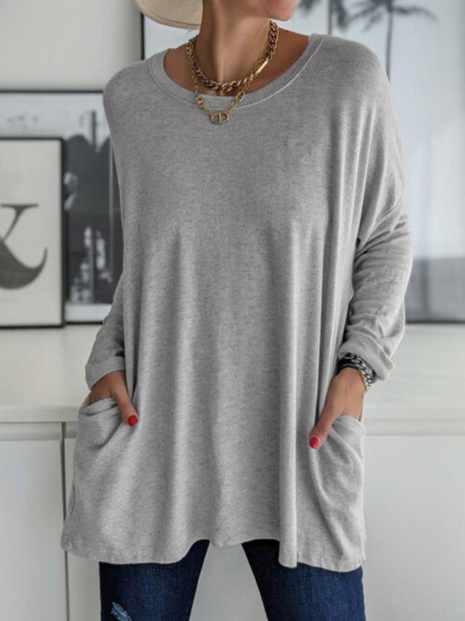 Women's T-Shirts Loose Solid Round Neck Pocket Long Sleeve T-Shirt