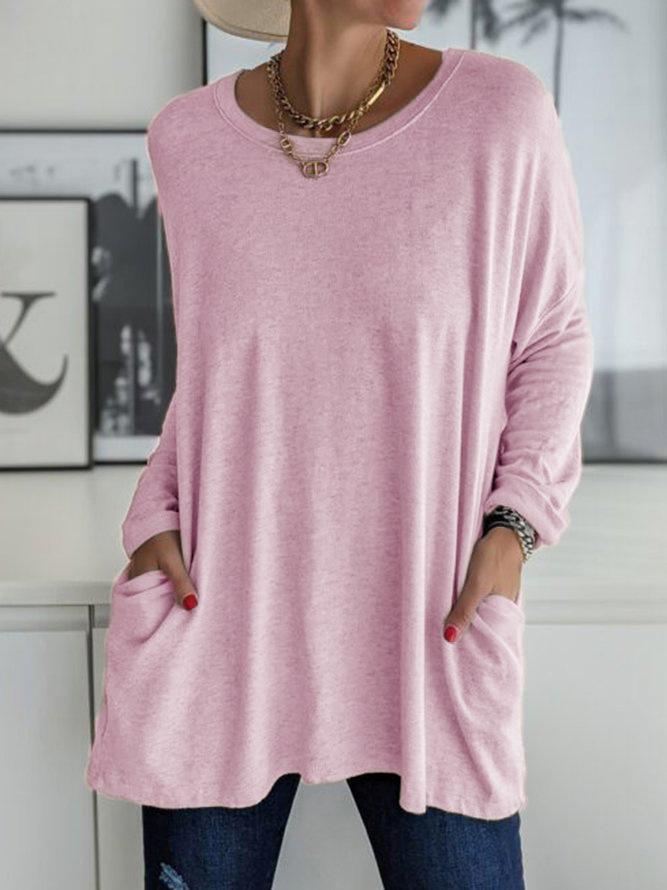 Women's T-Shirts Loose Solid Round Neck Pocket Long Sleeve T-Shirt