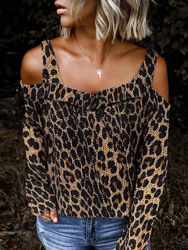Women's T-Shirts Off-Shoulder Leopard Print Long Sleeve T-Shirt