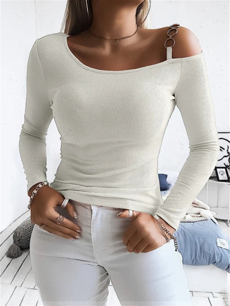 Women's T-Shirts Off-The-Shoulder Long Sleeve Slim Knit T-Shirts