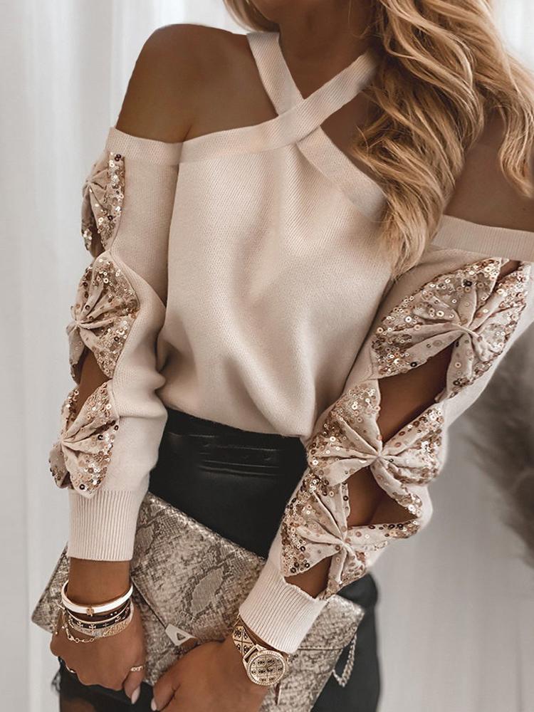 Women's T-Shirts Off-The-Shoulder Sequin Hollow Long Sleeve Knitted T-Shirt