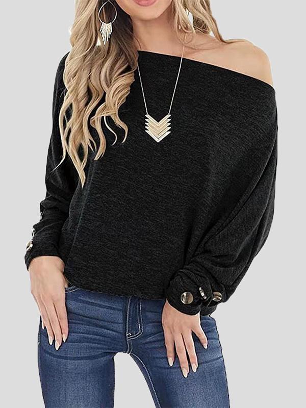 Women's T-Shirts Off The Shoulder Solid Button Long Sleeve T-Shirt