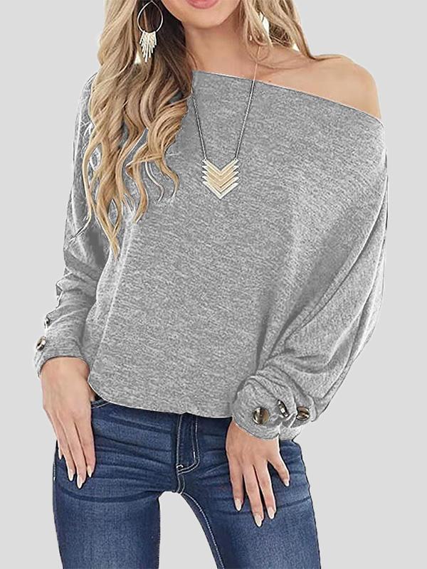 Women's T-Shirts Off The Shoulder Solid Button Long Sleeve T-Shirt
