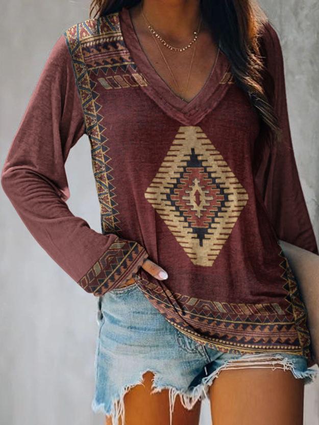 Women's T-Shirts Polygonal Pattern V-Neck Long Sleeve T-Shirt