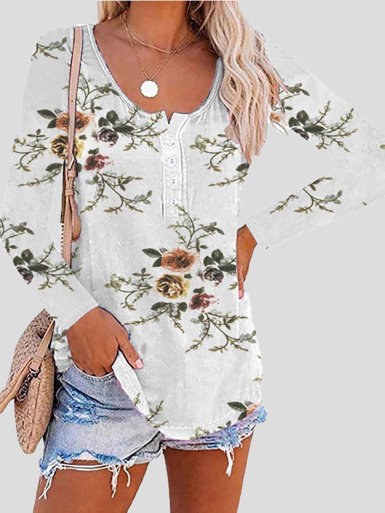 Women's T-Shirts Printed Long Sleeve Round Neck Button T-Shirt