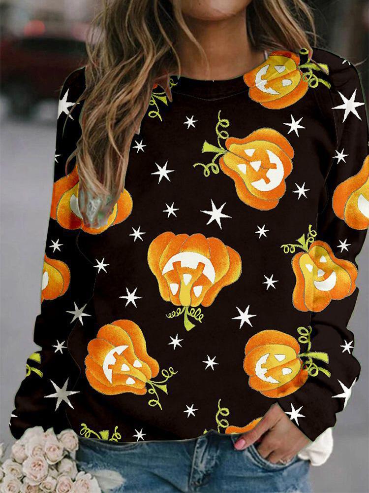 Women's T-Shirts Halloween Printed Round Neck Long Sleeve Loose T-Shirts