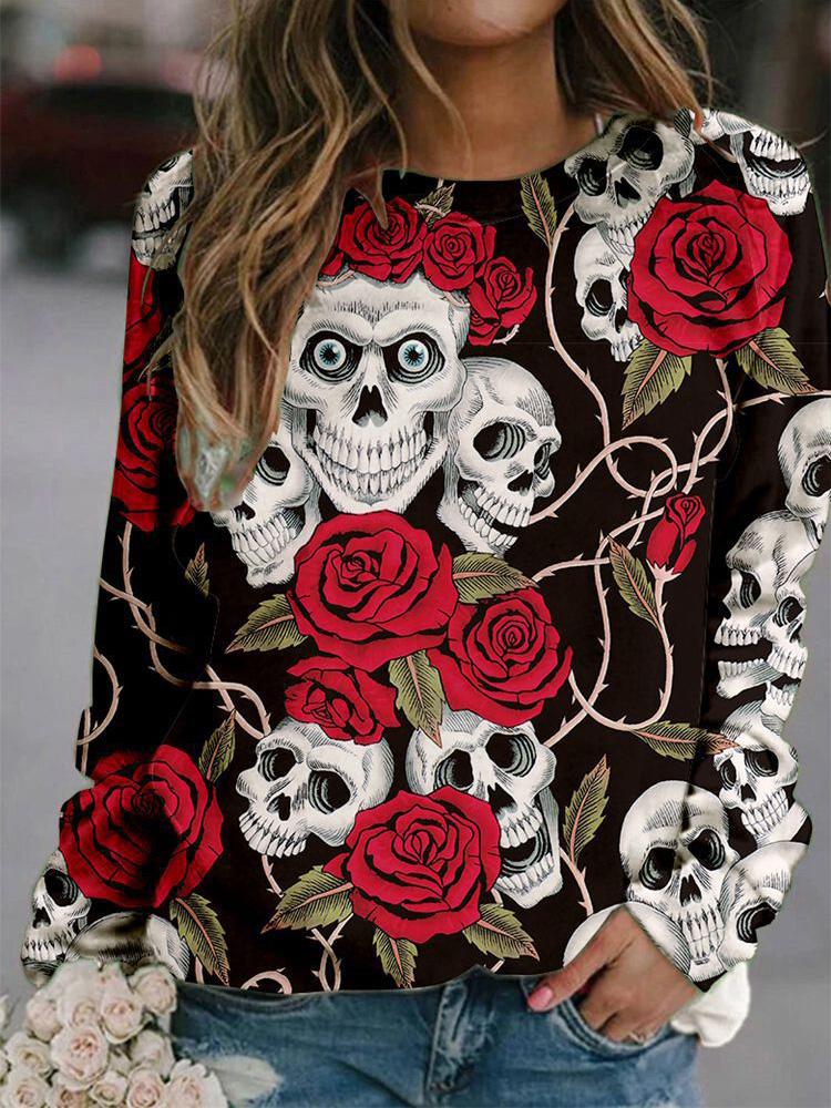 Women's T-Shirts Halloween Printed Round Neck Long Sleeve Loose T-Shirts