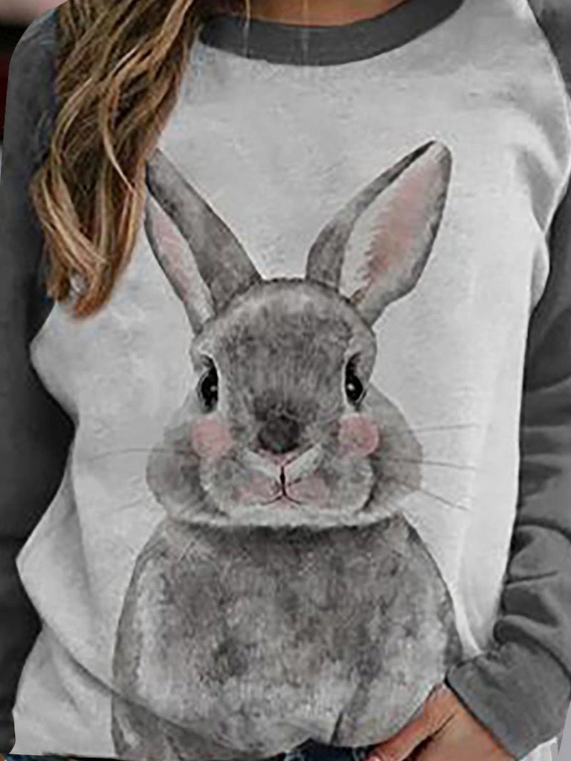 Women's T-Shirts Rabbit Print Round Neck Long Sleeve T-Shirt