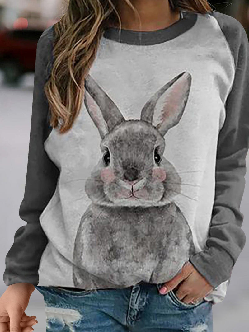 Women's T-Shirts Rabbit Print Round Neck Long Sleeve T-Shirt
