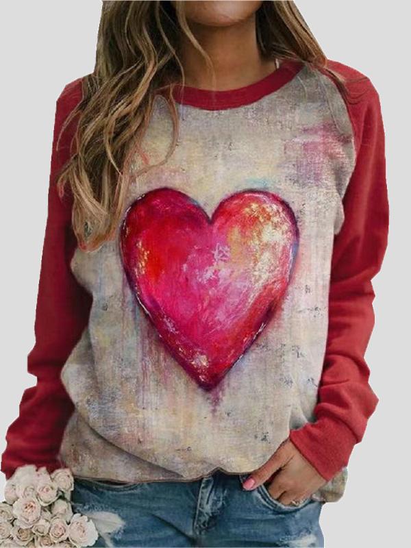 Women's T-Shirts Round Neck Heart-Shaped Print Long Sleeve T-Shirt