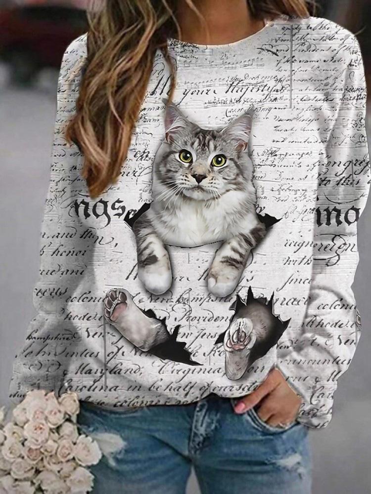 Women's T-Shirts Round Neck Long Sleeve Cat Letter Print T-Shirts