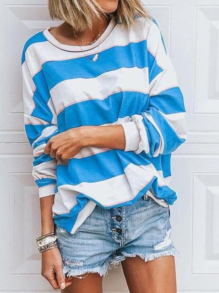 Women's T-Shirts Round Neck Long Sleeve Striped Printed T-Shirt