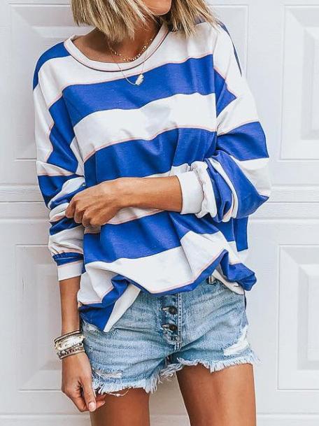 Women's T-Shirts Round Neck Long Sleeve Striped Printed T-Shirt
