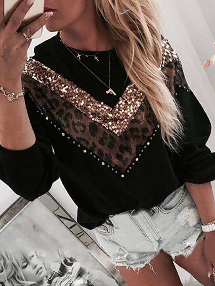 Women's T-Shirts Sequined Leopard Print Long Sleeve Round Neck T-Shirt