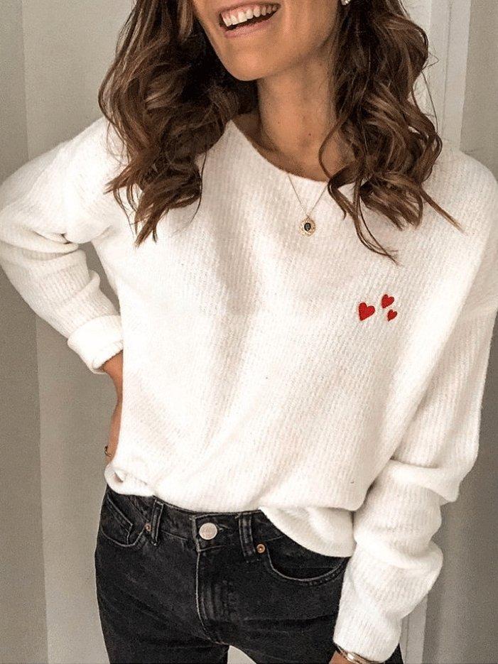 Women's T-Shirts Solid Embroidery Love Round Neck Long Sleeves T-Shirt