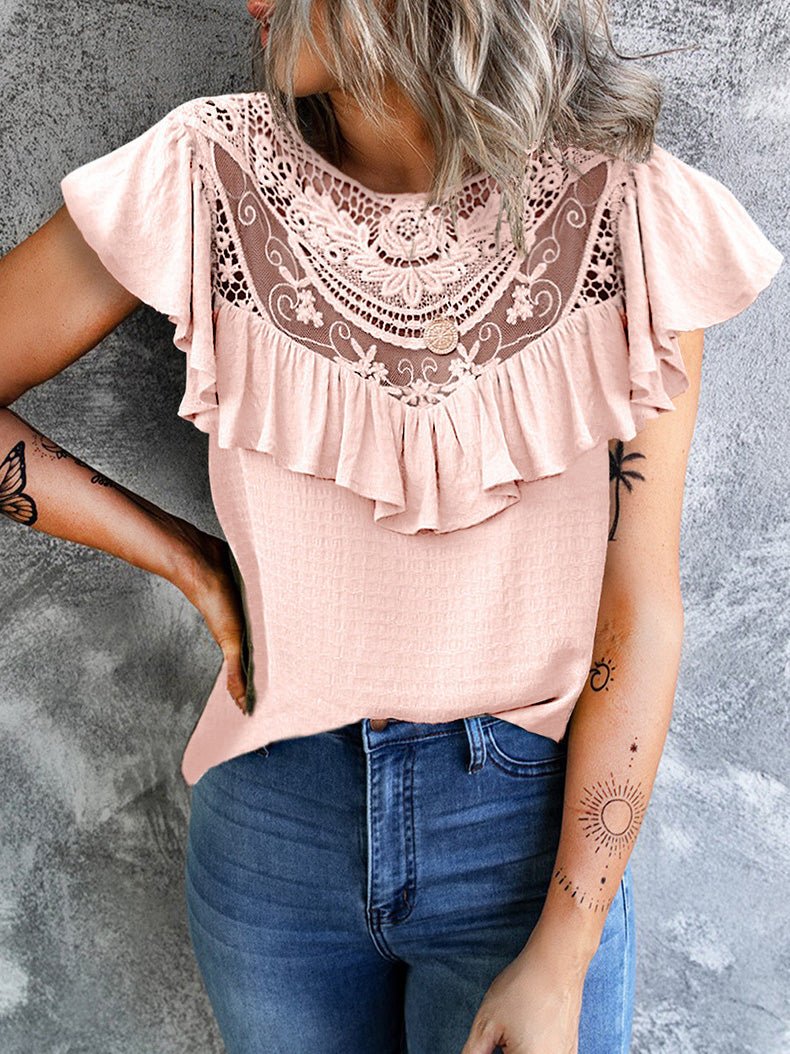 Women's T-Shirts Solid Lace Stitching Round Neck Ruffle T-Shirt