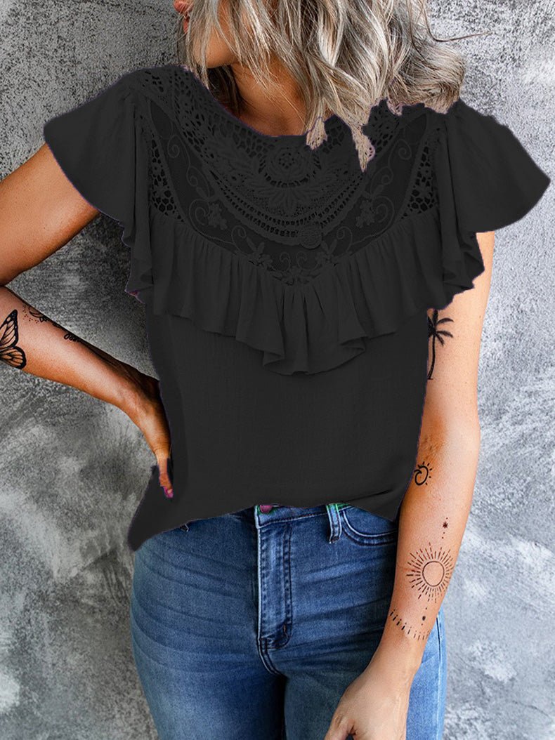 Women's T-Shirts Solid Lace Stitching Round Neck Ruffle T-Shirt