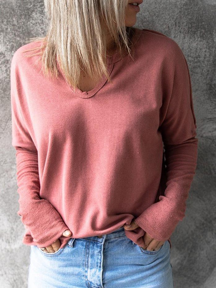 Women's T-Shirts Solid Pullover V-Neck Long Sleeve T-Shirts