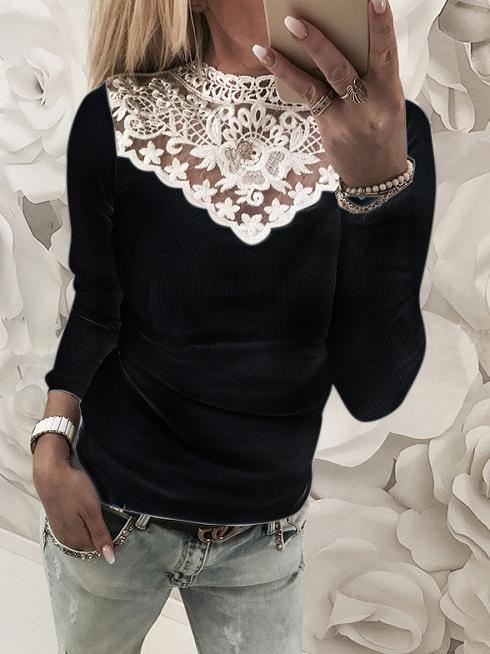 Women's T-Shirts Solid Round Neck Lace Long Sleeve T-Shirt