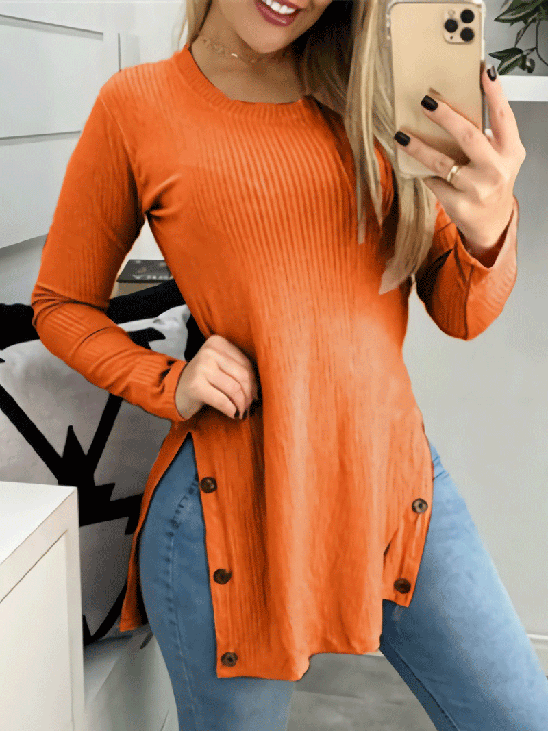 Women's T-Shirts Solid Round Neck Slit Button Long Sleeve T-Shirt