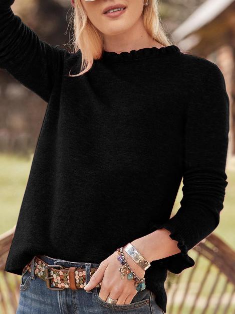 Women's T-Shirts Solid Ruffled Round Neck Long Sleeve Woolen T-Shirt