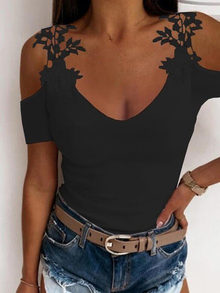 Women's T-Shirts Solid V-Neck Lace Off-Shoulder T-Shirt
