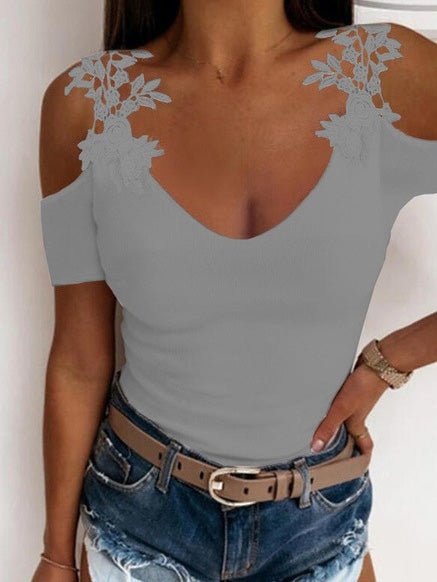 Women's T-Shirts Solid V-Neck Lace Off-Shoulder T-Shirt