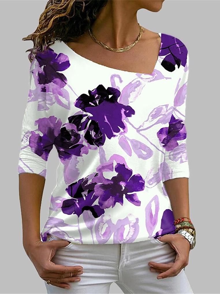 Women's T-Shirts Square Neck Floral Print Long Sleeve T-Shirt