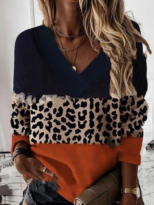 Women's T-Shirts Stitched Leopard V-Neck Long Sleeves T-Shirt