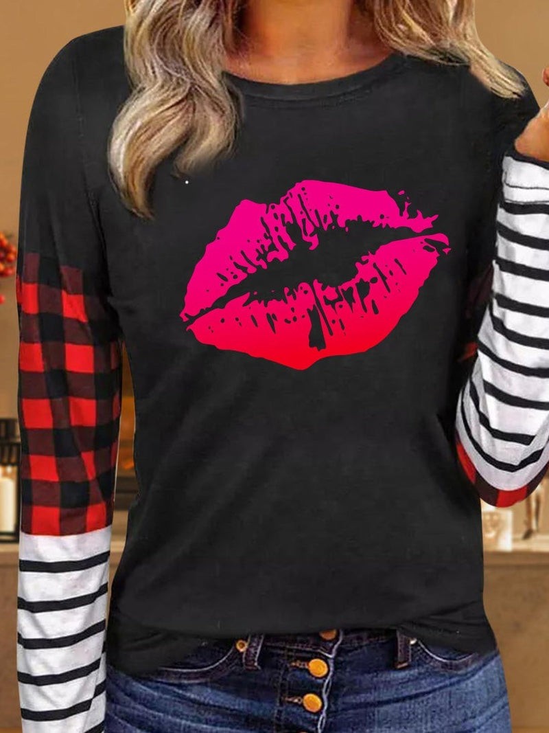 Women's T-Shirts Striped Check Lip Print Long Sleeve T-Shirt