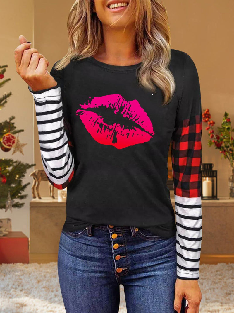 Women's T-Shirts Striped Check Lip Print Long Sleeve T-Shirt
