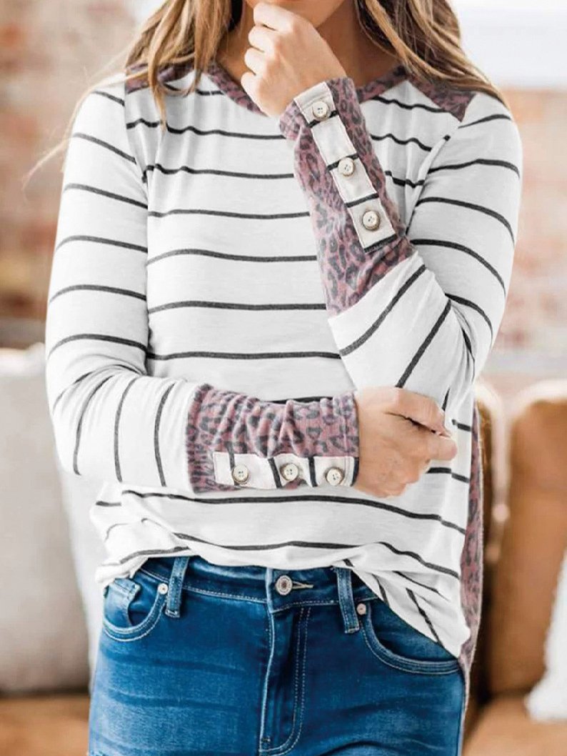 Women's T-Shirts Striped Leopard Stitching Long Sleeve T-Shirt