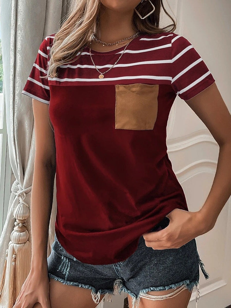 Women's T-Shirts Striped Pocket Round Neck Short Sleeve T-Shirt