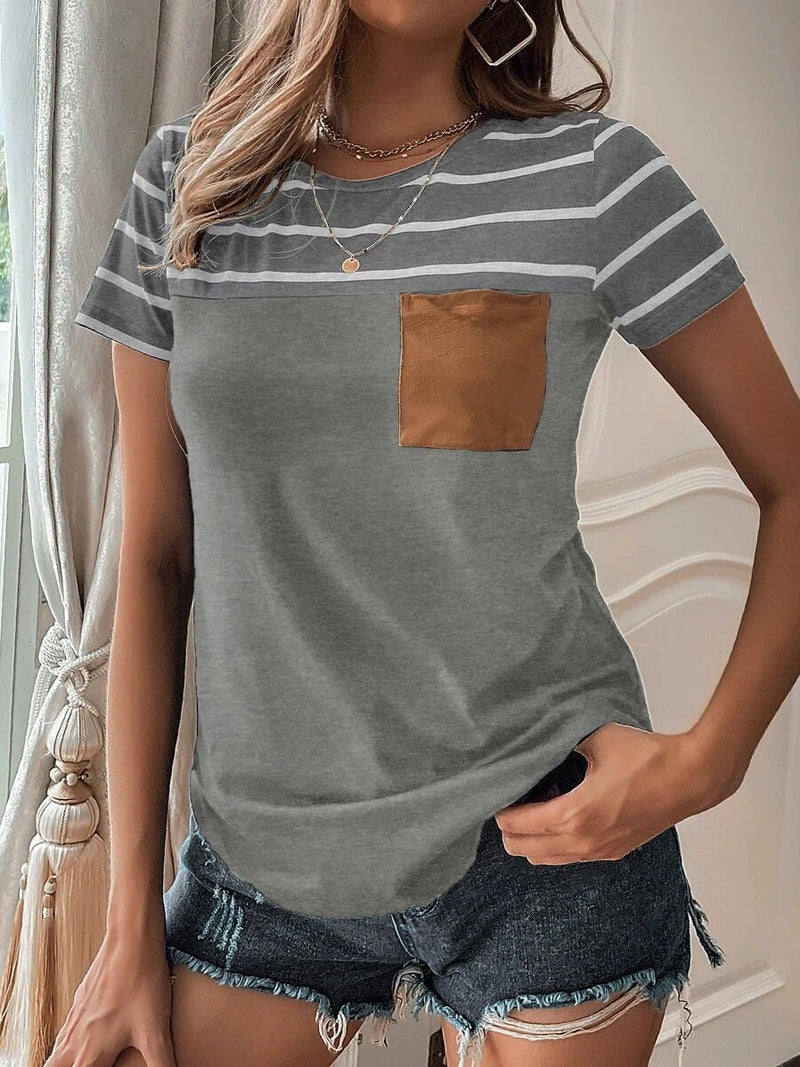 Women's T-Shirts Striped Pocket Round Neck Short Sleeve T-Shirt