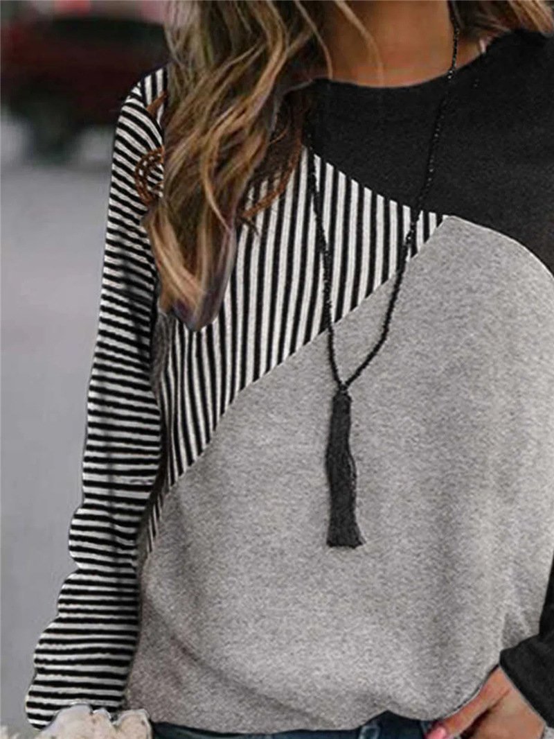 Women's T-Shirts Striped Stitching Round Neck Long Sleeve T-Shirt